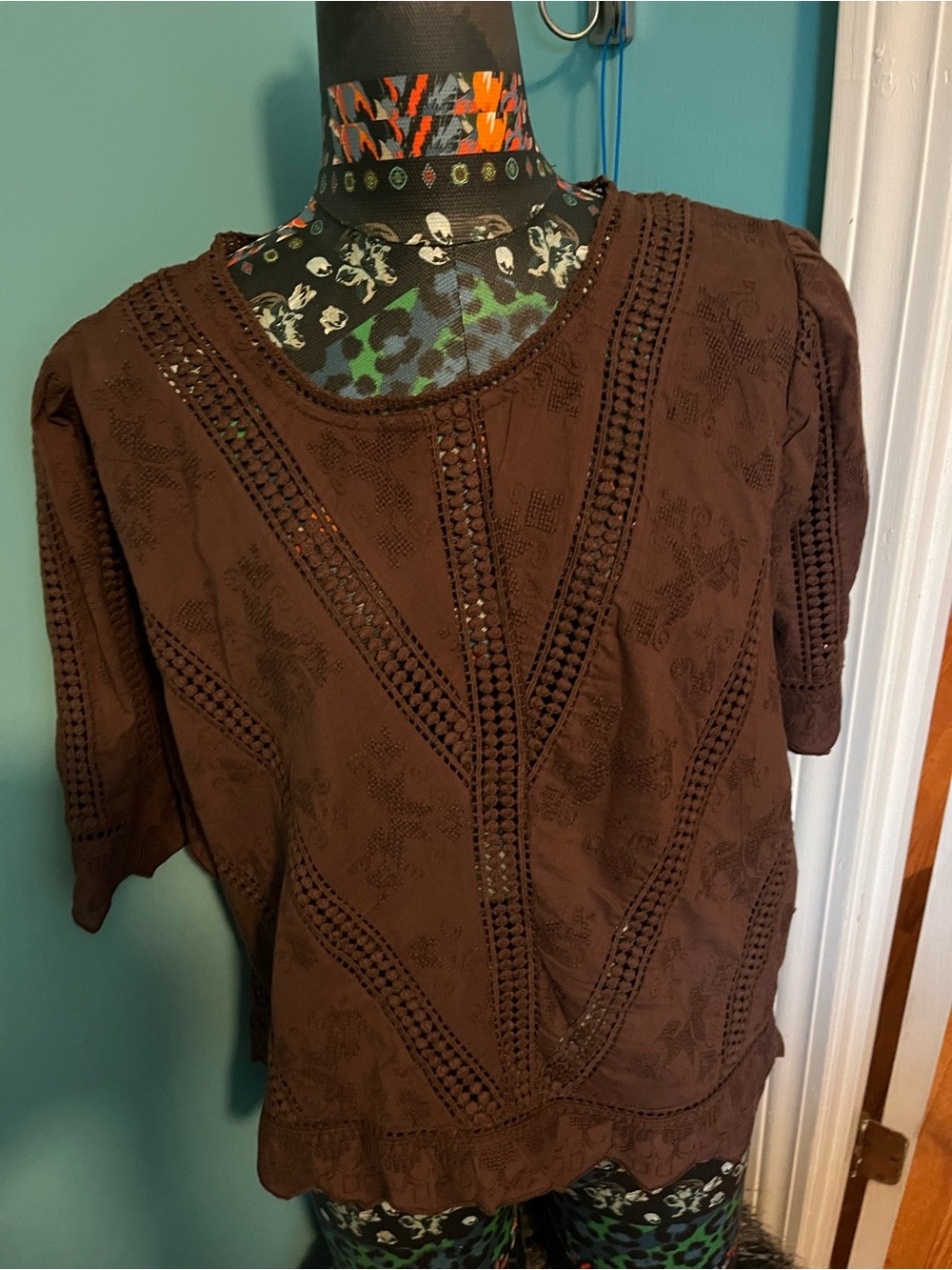 Brown Crochet-Panel Women's Blouse